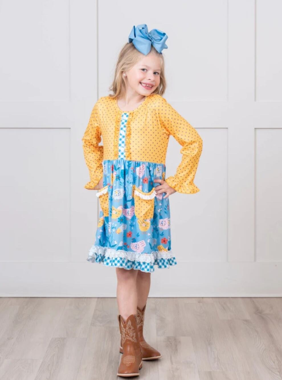 NWT Okie & Lou Yellow Dot Chicken Ruffle Dress 4XL Girls 8